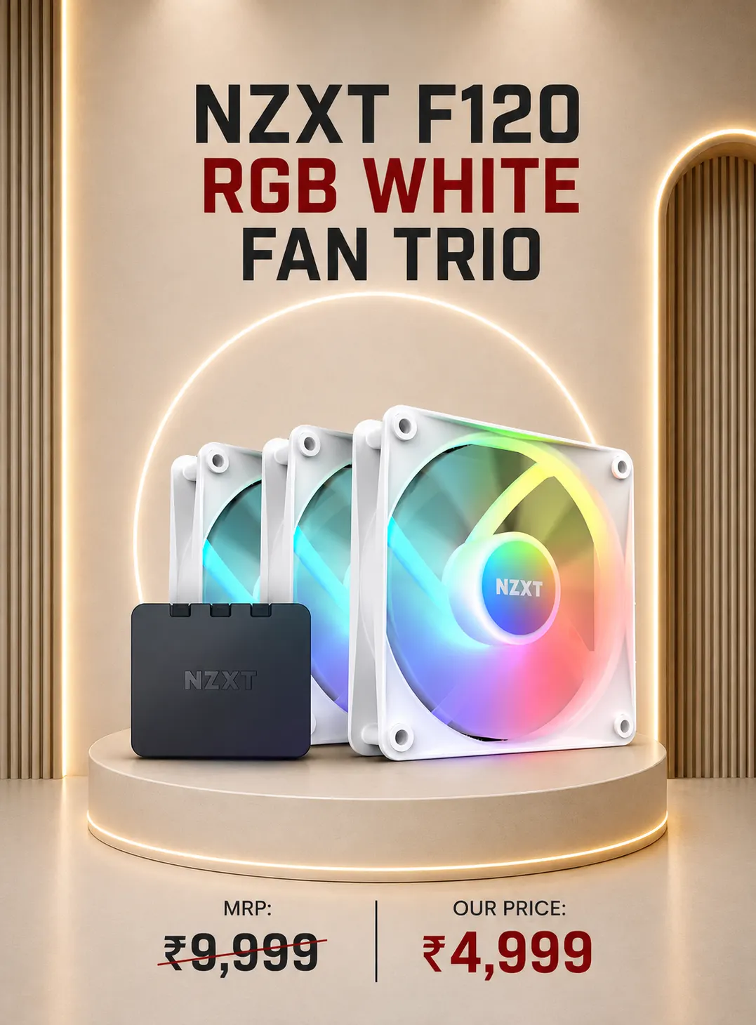 NZXT F120 RGB Core 120mm White Cabinet Fan With RGB Controller – Triple Pack